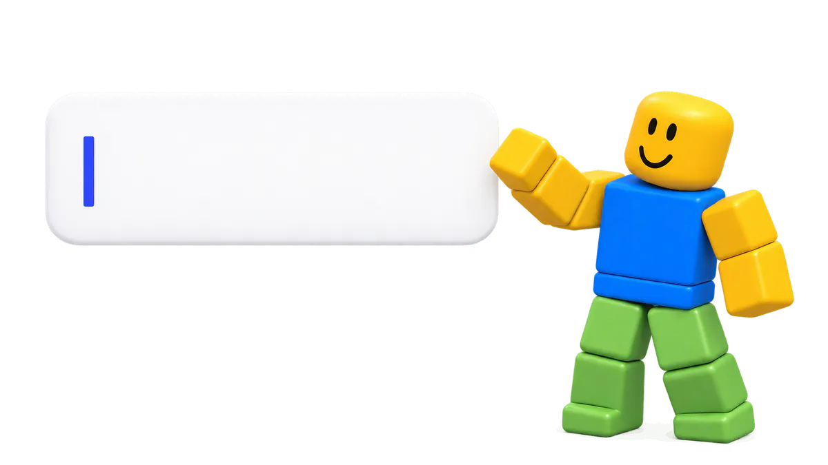 An R15 avatar pointing at an empty prompt box with a blinking cursor