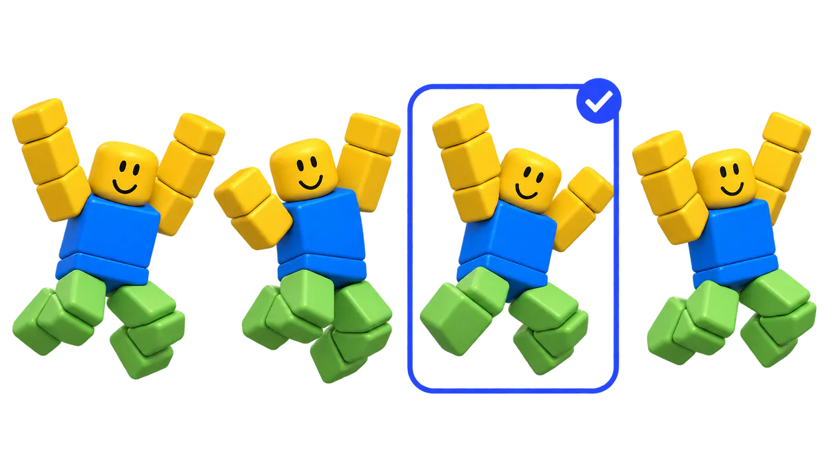 Four small R15 takes side by side, the third one selected